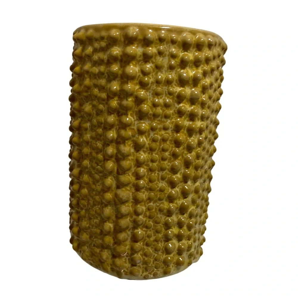 Bloomingville Textured Stoneware Vase Mustard Yellow Hobnail Rustic Modern Decor